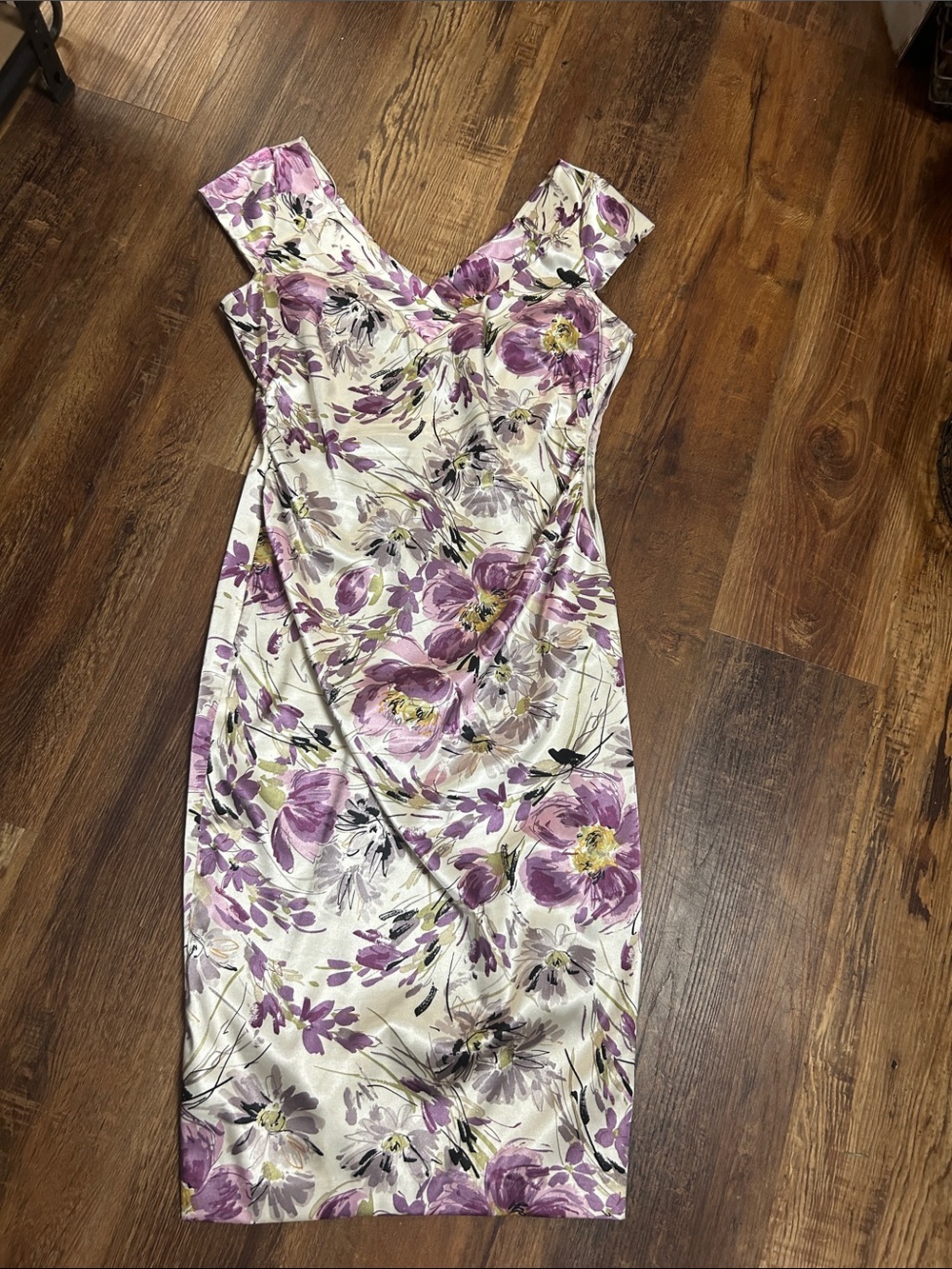 London Style Floral Midi Dress in Purple and Cream